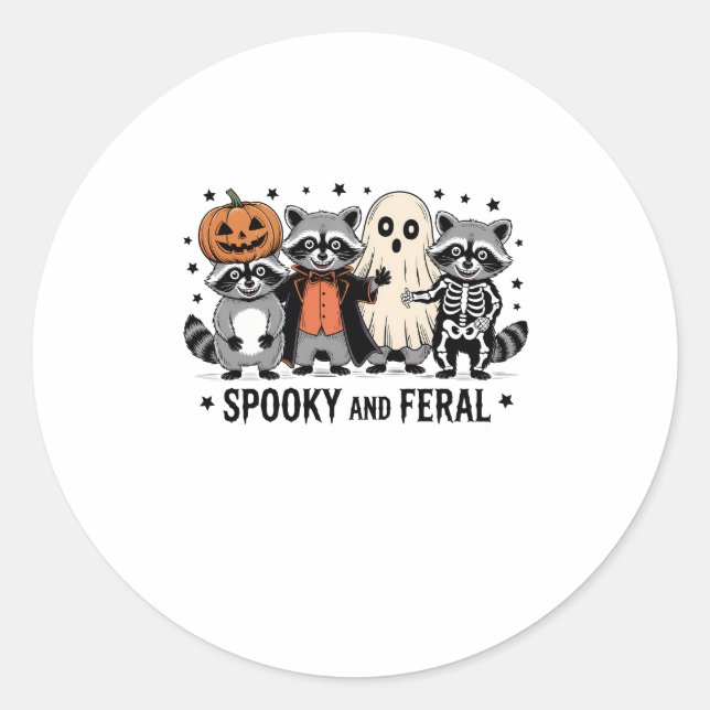 Spooky and Feral Funny Halloween Raccoon Classic Round Sticker (Front)