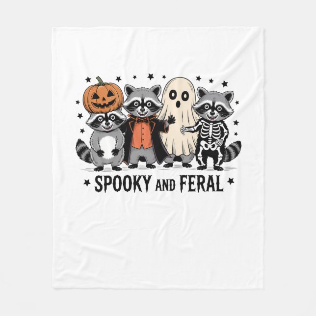 Spooky and Feral Funny Halloween Raccoon Fleece Blanket (Front)