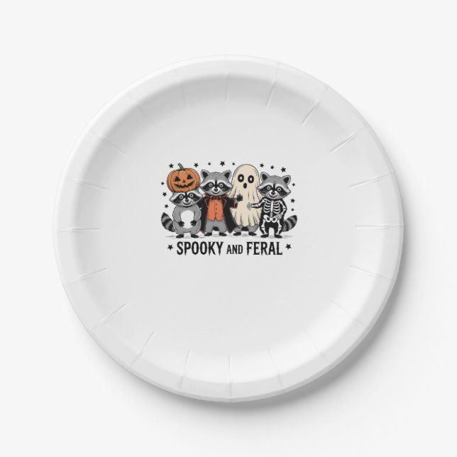 Spooky and Feral Funny Halloween Raccoon Paper Plate (Front)