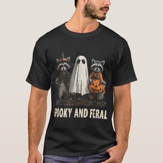 Spooky And Feral Halloween Ghost Raccoon Trick Or  T-Shirt (Front)