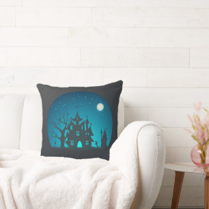 Spooky and Fun Blue and Black Haunted House Throw Pillow
