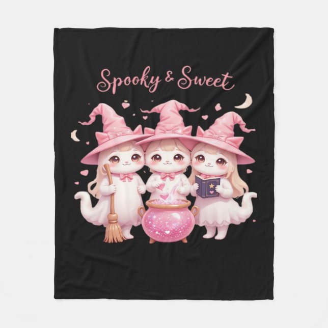 Spooky and Sweet Cute Witch Cat Oversized T-Shirt Fleece Blanket (Front)