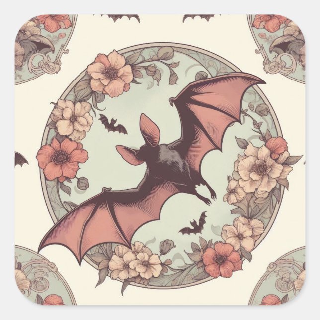 Spooky Art Nouveau Bats Illustration Pretty Horror Square Sticker (Front)