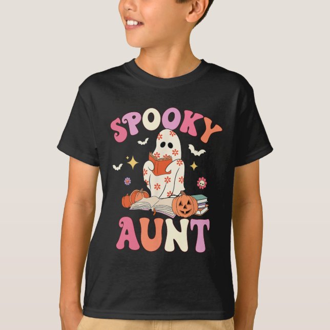 Spooky Aunt Retro Groovy Floral Ghost Halloween Co T-Shirt (Front)