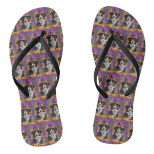 Spooky Australian Shepherd Halloween Witch Pumpkin Flip Flops