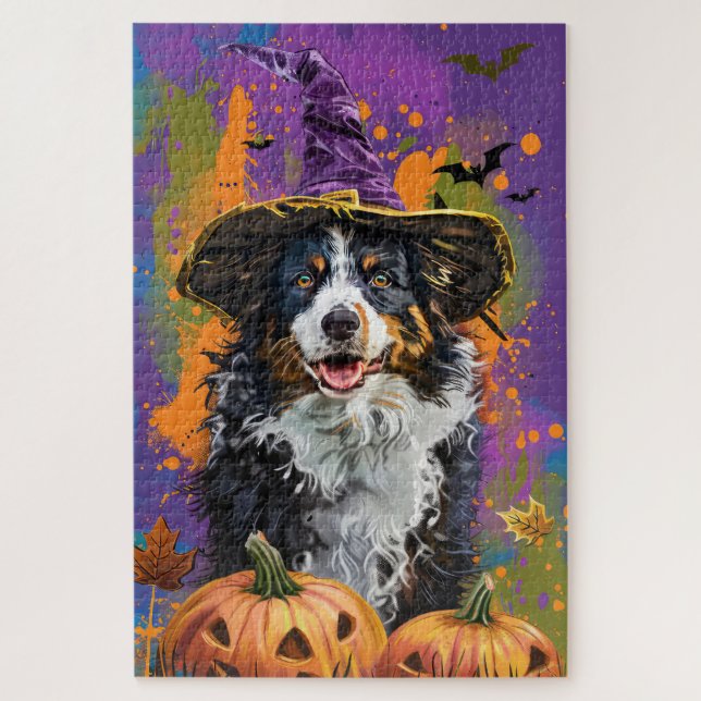 Spooky Australian Shepherd Halloween Witch Pumpkin Jigsaw Puzzle (Vertical)
