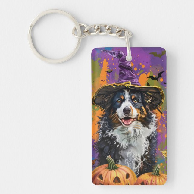Spooky Australian Shepherd Halloween Witch Pumpkin Keychain (Front)