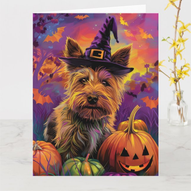 Spooky Australian Terrier Halloween Witch Pumpkin Card (Yellow Flower)