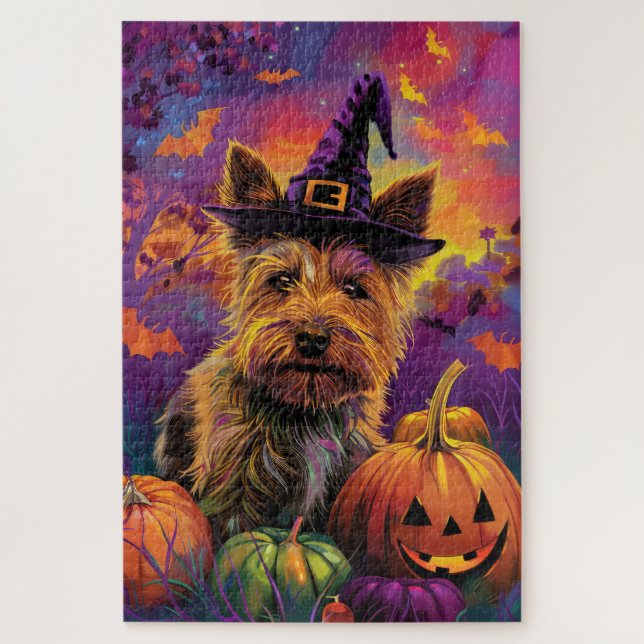 Spooky Australian Terrier Halloween Witch Pumpkin Jigsaw Puzzle (Vertical)