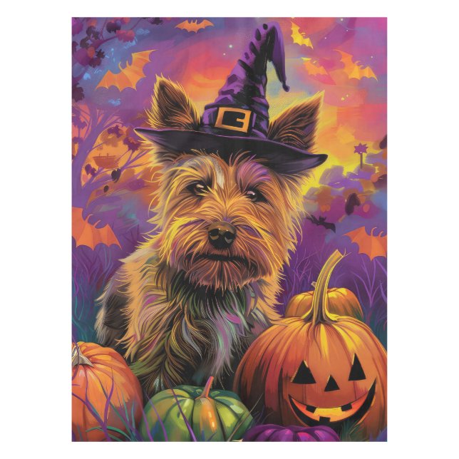 Spooky Australian Terrier Halloween Witch Pumpkin Tablecloth (Front)
