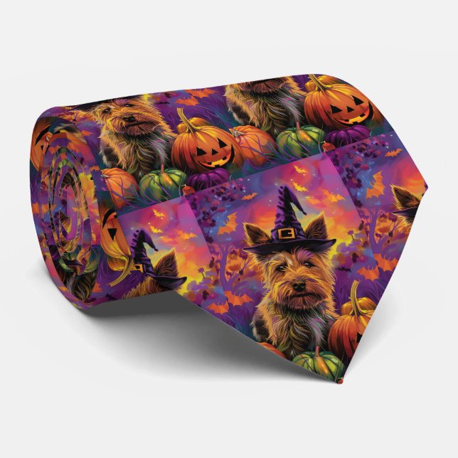 Spooky Australian Terrier Halloween Witch Pumpkin Tie (Rolled)