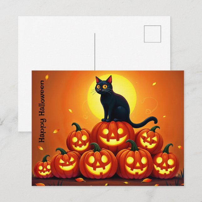 Spooky autumn night with glowing pumpkins postcard (Front/Back)