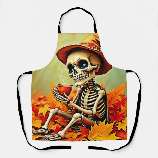 Spooky Autumn Skeleton's Coffee Break Design Apron (Front)
