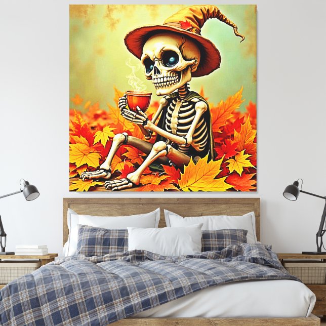 Spooky Autumn Skeleton's Coffee Break Design Canvas Print (Insitu(Bedroom))