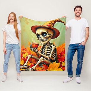 Spooky Autumn Skeleton's Coffee Break Design Fleece Blanket