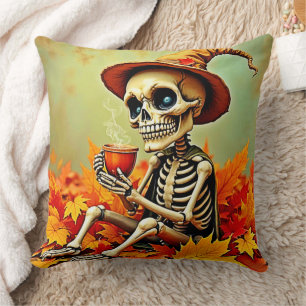 Spooky Autumn Skeleton's Coffee Break Design Throw Pillow