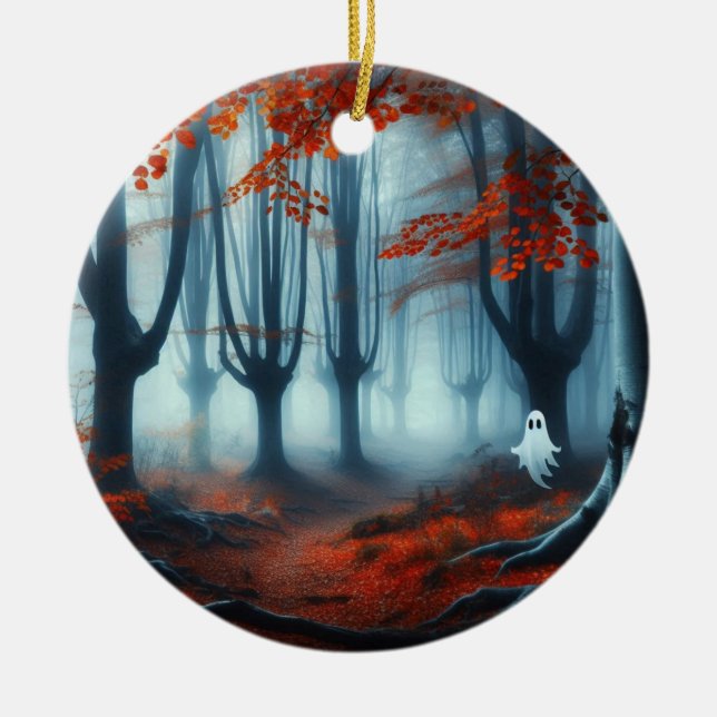 Spooky Autumn woods with a ghost Ceramic Ornament (Front)