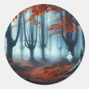 Spooky Autumn woods with a ghost Classic Round Sticker