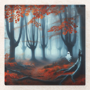 Spooky Autumn woods with a ghost Glass Coaster