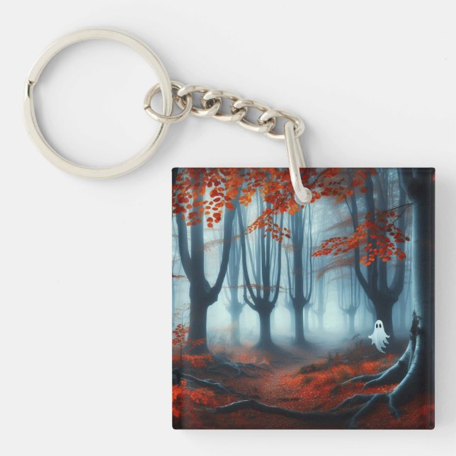 Spooky Autumn woods with a ghost Keychain (Front)