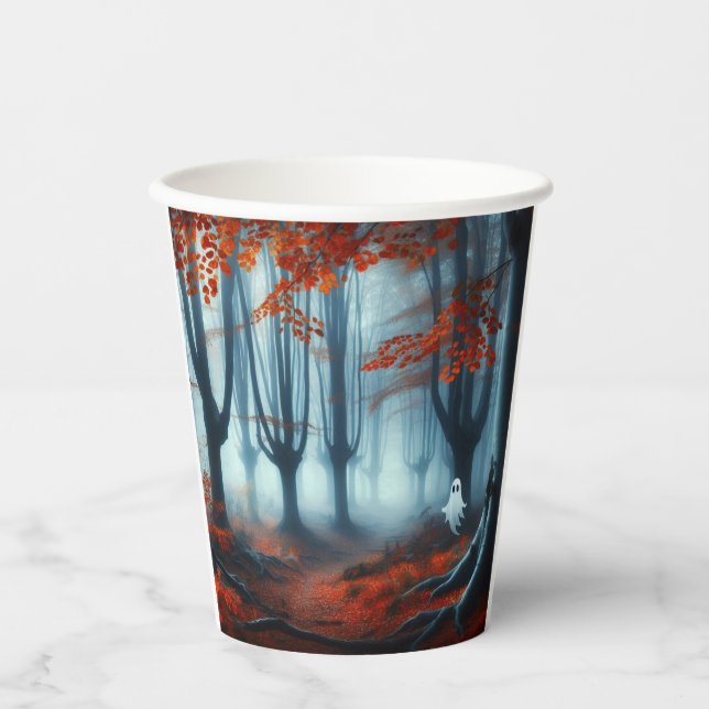 Spooky Autumn woods with a ghost Paper Cups (Front)