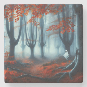 Spooky Autumn woods with a ghost Stone Coaster