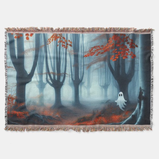 Spooky Autumn woods with a ghost Throw Blanket (Front)
