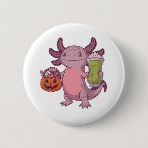 Spooky Axolotl Holding Matcha and Treat Halloween 2 Inch Round Button