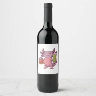 Spooky Axolotl Holding Matcha and Treat Halloween Wine Label