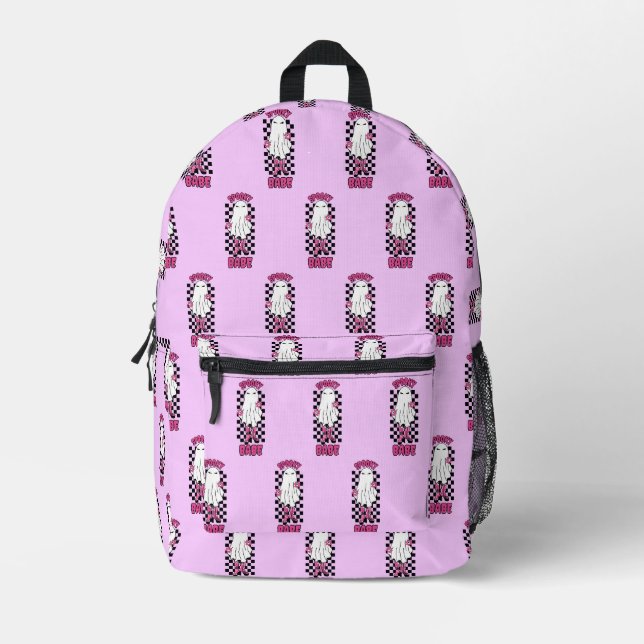 "Spooky Babe" Woman Halloween Ghost – Retro Pink Printed Backpack (Front)