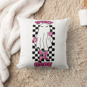 "Spooky Babe" Woman Halloween Ghost – Retro Pink Throw Pillow