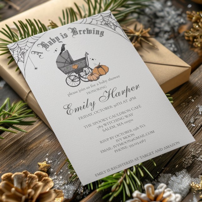 Spooky Baby is Brewing Gothic Baby Shower Invitation (Halloween Baby Shower A Baby Is Brewing Invite. Hand Drawn Victorian Baby Carriage, Pumpkins, Webs.)