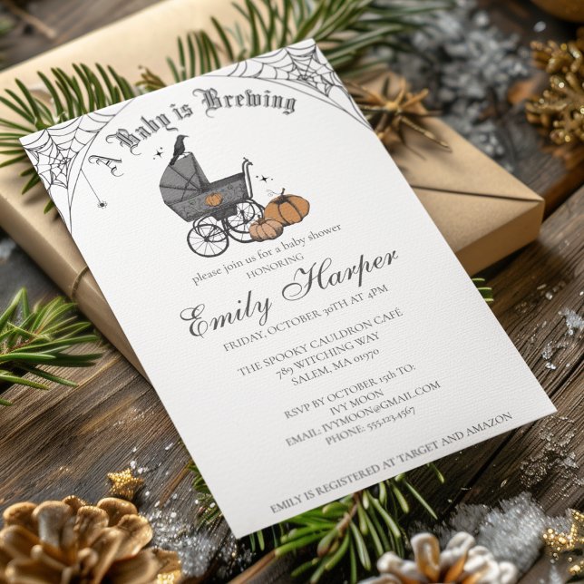 Spooky Baby is Brewing Gothic Baby Shower Invitation (Halloween Baby Shower A Baby Is Brewing Invite. Hand Drawn Victorian Baby Carriage, Pumpkins, Webs.)