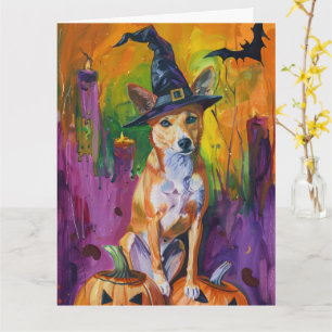 Spooky Basenji Halloween Witch And Pumpkin Card