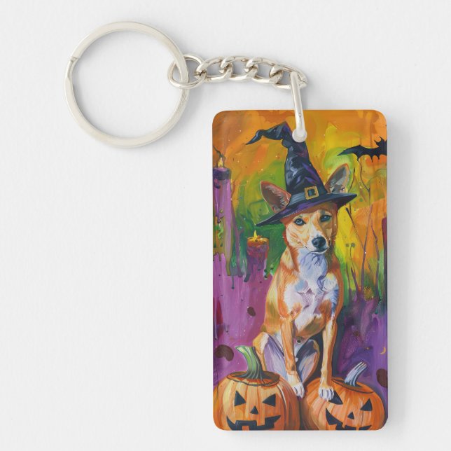Spooky Basenji Halloween Witch And Pumpkin Keychain (Front)