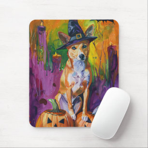 Spooky Basenji Halloween Witch And Pumpkin Mouse Pad