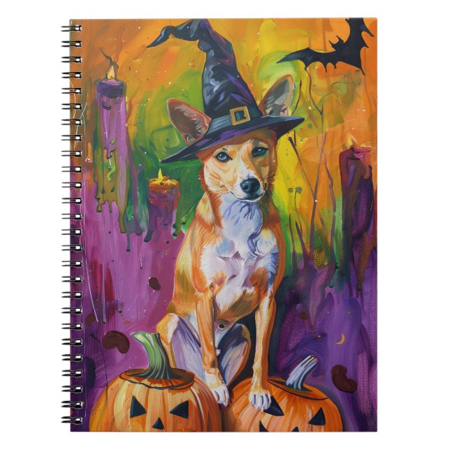 Spooky Basenji Halloween Witch And Pumpkin Notebook (Front)