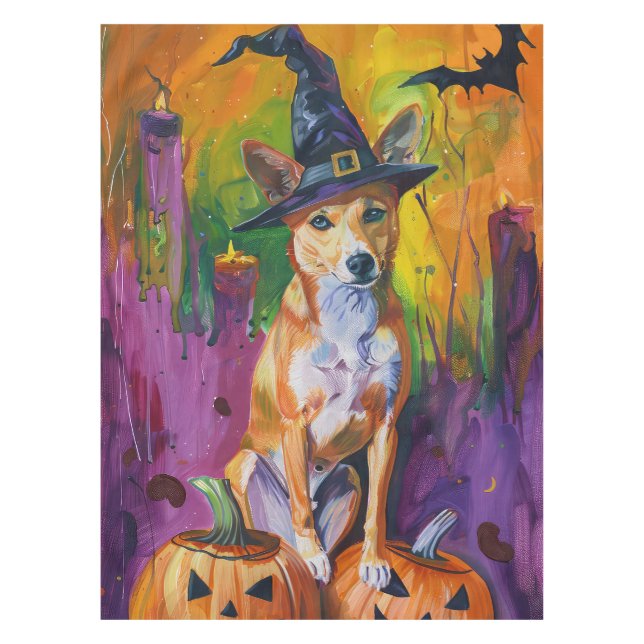 Spooky Basenji Halloween Witch And Pumpkin Tablecloth (Front)