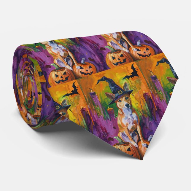 Spooky Basenji Halloween Witch And Pumpkin Tie (Rolled)