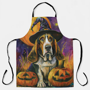Spooky Basset Hound Halloween Witch And Pumpkin Apron