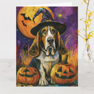 Spooky Basset Hound Halloween Witch And Pumpkin Card