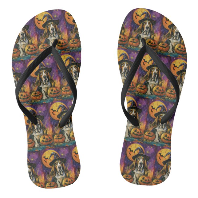Spooky Basset Hound Halloween Witch And Pumpkin Flip Flops (Footbed)