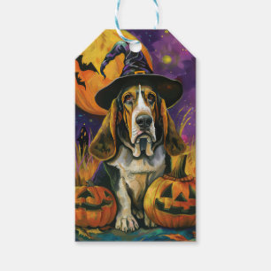 Spooky Basset Hound Halloween Witch And Pumpkin Gift Tags
