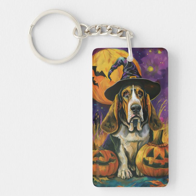 Spooky Basset Hound Halloween Witch And Pumpkin Keychain (Front)