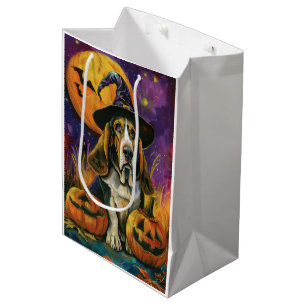 Spooky Basset Hound Halloween Witch And Pumpkin Medium Gift Bag