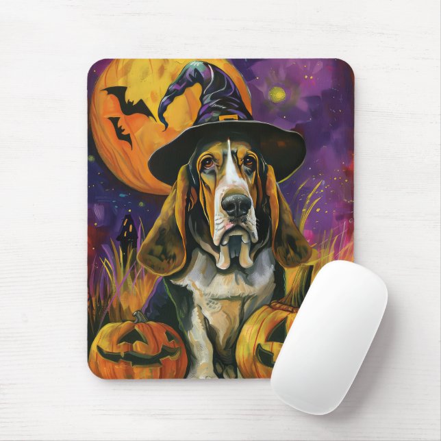 Spooky Basset Hound Halloween Witch And Pumpkin Mouse Pad (With Mouse)