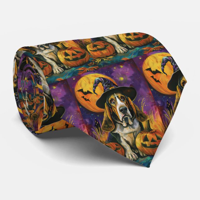 Spooky Basset Hound Halloween Witch And Pumpkin Tie (Rolled)