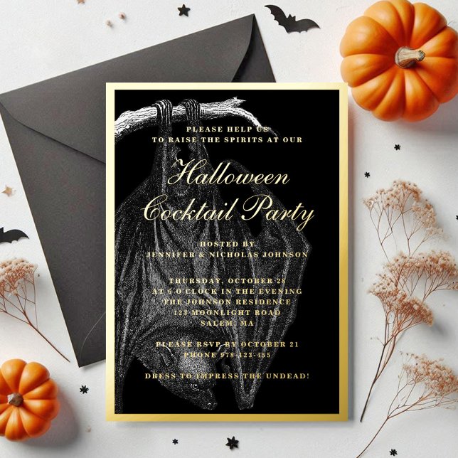 Spooky Bat Halloween Cocktail Party Gold (Spooky Bat Halloween Cocktail Party Gold Foil Invitation)