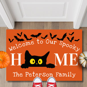 Spooky Bats and Cat Welcome to Our Home Halloween Doormat