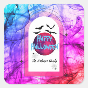 Spooky Bats Family Name Colourful Happy Halloween Square Sticker